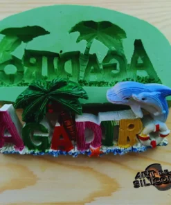 قالب سيليكون كلمة agadir – نخلة، دلفين وإطار مطاطي – مغناطيس الثلاجة