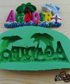 قالب سيليكون كلمة agadir – نخلة، دلفين وإطار مطاطي – مغناطيس الثلاجة